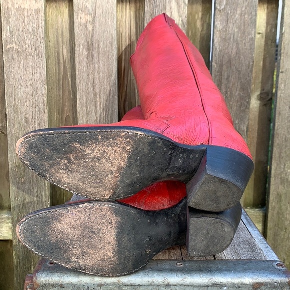 LARRY MAHAN VTG Ostrich Exotic Tall Knee High Red Painted Cowboy Western Boots - Picture 10 of 13